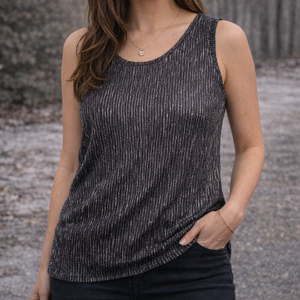 Fred David Metallic Ribbed Tank Top L Gray Silver Lurex Stretch Party Shimmer